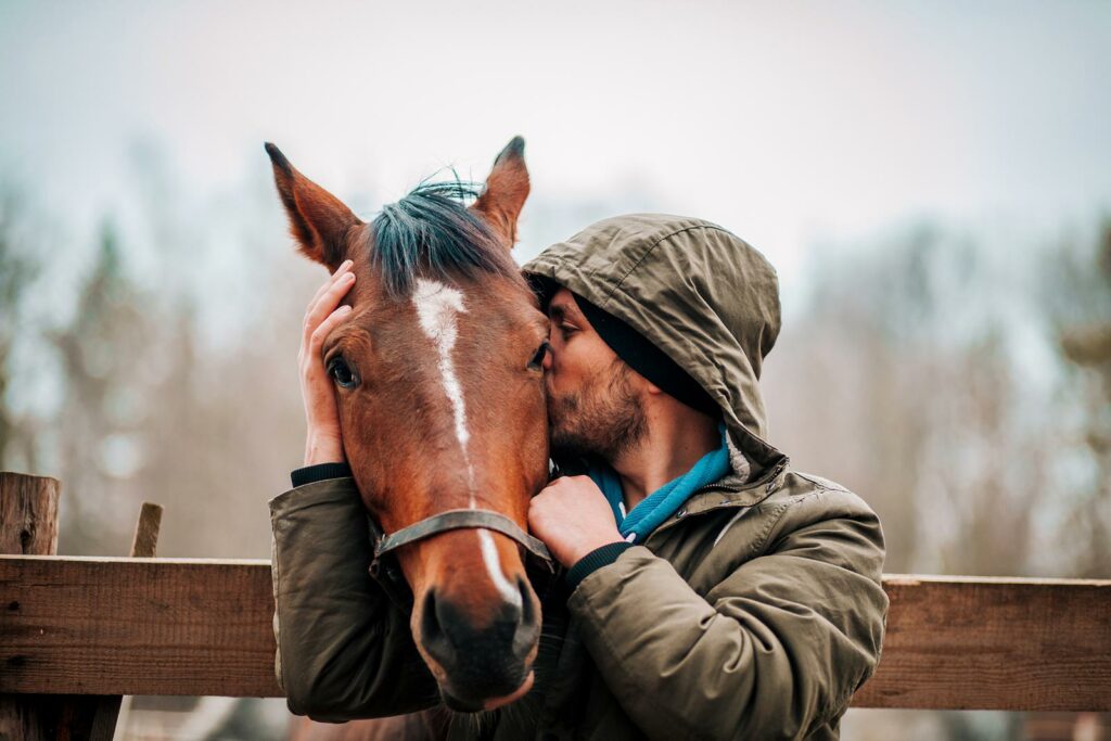 Man kissing horse by a fence